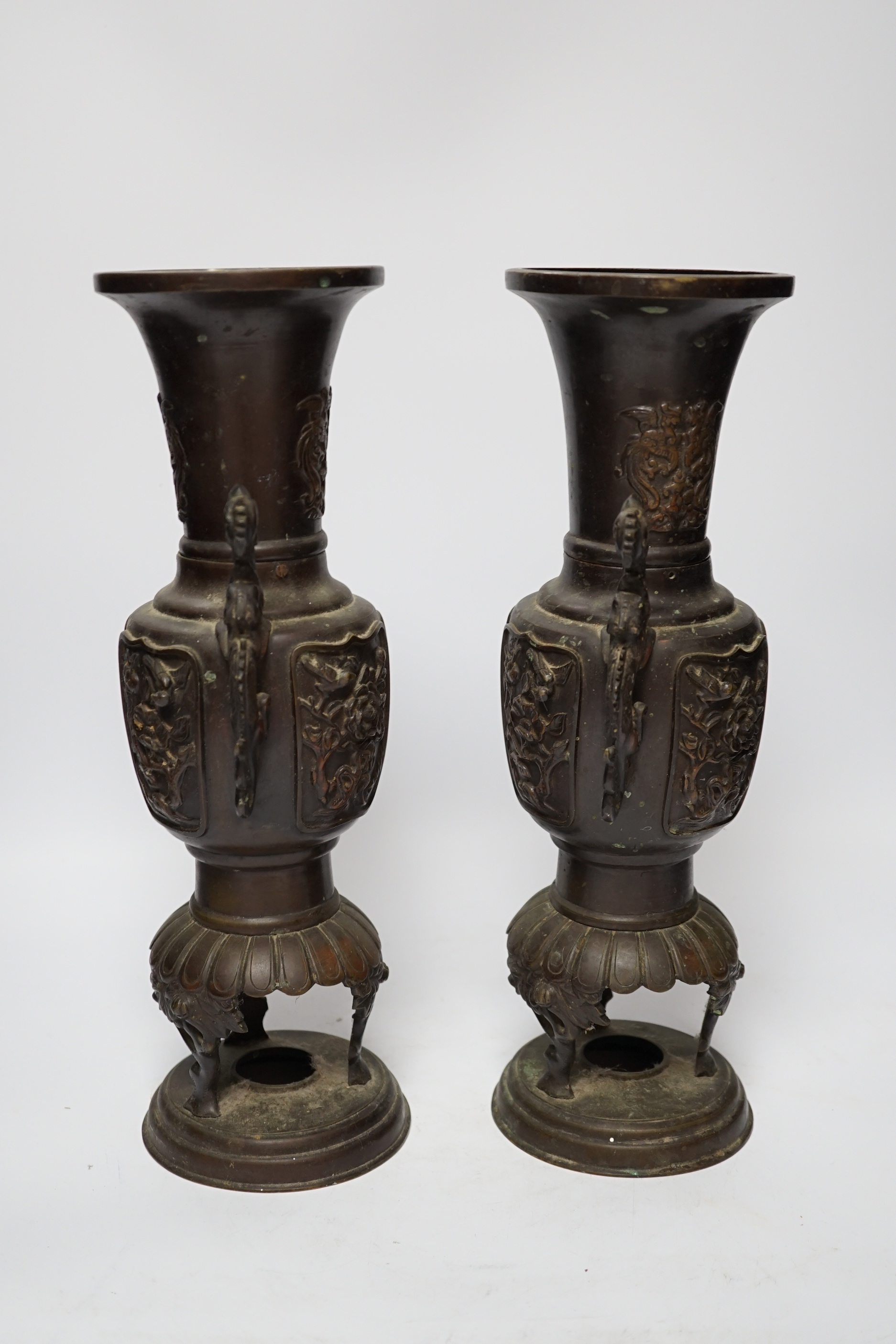 A pair of bronze Japanese vases and two Chinese scroll pictures, vases 35.5cm high